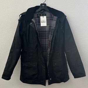Barbour Black Classic Beadnell Wax Jacket + Hood + Wax Thornproo Dressing (US 4)